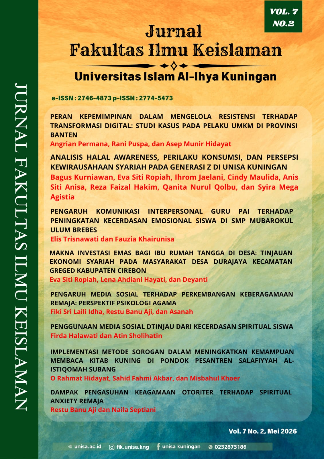 					View Vol. 7 No. 2 (2026): JURNAL FAKULTAS ILMU KEISLAMAN UNISA KUNINGAN
				